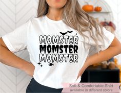 Momster Shirt, Funny Halloween Shirt, Halloween Party Shirt, Halloween Mom Shirt, Halloween Shirt, Momster Tee, Halloween Crewneck Shirt Every order is carefully handmade and processed by our small team the same day we ship out. Our processing time is 1-3 business days. We will try to rush any orders with an upgraded shipping.  Price is per shirt, not as a set. ♥ HOW TO ORDER ♥ > Select the DESIGN/COLOR from the 1st drop-down menu. > Select the SIZE from the 2nd drop-down menu. > Then click ADD Pre-shrunk Long Sleeve Halloween Shirt, Halloween Novelty Shirt With Letter Print, Novelty Halloween Shirt With Letter Print, White Halloween Shirt With Letter Print, Funny Halloween Shirt With Letter Print, Funny Halloween Letter Print Shirt, Halloween Long Sleeve Shirt With Letter Print, Funny Halloween Short Sleeve Shirt, Funny Short Sleeve Halloween Shirt