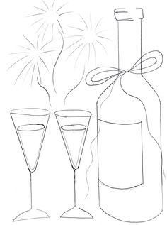 two wine glasses and a bottle with fireworks in the sky behind them on a white background