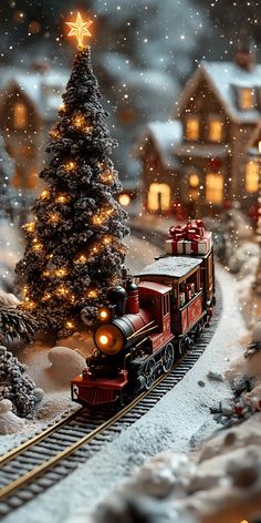 a toy train is on the tracks in front of a christmas tree and lit up lights