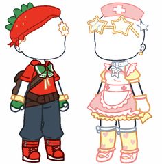 two children dressed in different outfits with stars on their head and one wearing a red hat