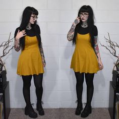 Adventurous yellow #outfittoday for lots of cute piercings & packing etsy orders! Y'all have kept me so busy over the last couple days and… Belt Over Sweater Outfit, Plus Size Alternative Clothes, Alt Brunch Outfit, Short Apple Shape Outfits, Alternative Mom Outfits, Outfit To Meet His Parents First Time, Plus Size Punk Outfits, Outfits For 30 Year Old Women, Plus Size Gothic Fashion