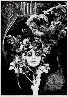 a poster with an image of a woman's face and flowers in her hair