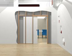 an empty room with white walls and wooden flooring is seen in this rendering image