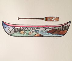 a drawing of a canoe with two oars on it