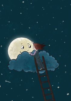 a person on a ladder reaching up to the moon