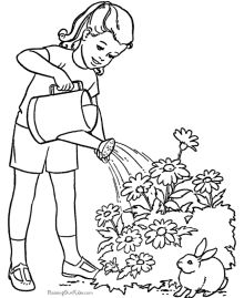 a girl watering flowers in the garden with her bunny rabbit coloring pages for kids and adults