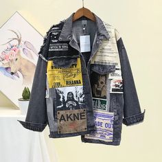 Discover the bold Vintage Patchwork Denim Jacket featuring a unique graphic design. It's perfect for fashion-forward individuals and free shipping is available! Newspaper Pattern, Patchwork Denim Jacket, Jaket Denim, Streetwear Jackets, Coat Trends, Jean Jacket Women, Painted Denim, Oversized Denim Jacket, Ropa Diy