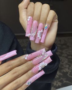 Pink Nails Tapered Square, Square Nails Birthday, Acrylic Nails Aesthetic, Nails 3d Flowers, Nails Tapered Square, Long Pink Nails, Butterfly Stomach, Nails Painting, Fye Nails