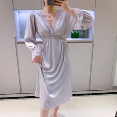 Shipping: Worldwide Express Shipping AvailableDelivery time: 7-15Days Fast ShippingReturns: Fast refund, 100% Money Back Guarantee.Brand Name: QIANTANGMaterial: PolyesterOrigin: Mainland ChinaSexually Suggestive: NoDresses Length: Mid-CalfObscene Picture: NoItem Type: NightgownsSeason: summerCollar: V-NeckMaterial Composition: SatinPattern Type: PatchworkGender: WOMENSleeve Length(cm): FullModel Number: Y22021801-OLXKaThickness: NormalDecoration: LaceSeason: Spring,Summer,AutumnOccasion: Home Wear ,Sleepwear,NightgownFeature: Sexy,Casual,Soft,IntimateWash Method: Wash By Hand Elegant V-neck Dress For Pajama Party, Long Sleeve Nightgown With Lace Trim For Sleepover, Long Sleeve Lace Trim Sleepwear For Sleepovers, Long Sleeve Lace Trim Sleepwear For Bedtime, Spring Long Sleeve Nightgown For Night, V-neck Lace Trim Sleepwear For Wedding Night, Elegant V-neck Dress For Sleepover, V-neck Sleepwear For Spring Nights, Spring V-neck Sleepwear For Night