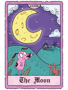 the moon tarot card with an image of a pink pig on it's face