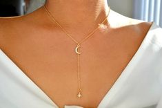 Chain is adjustable. Adjustable Celestial Clavicle Chain Jewelry, Adjustable Delicate Jewelry With Star Charm, Dainty Moon Charm Jewelry For Wedding, Dainty Round Jewelry With Adjustable Length, Dainty Moon Charm Wedding Jewelry, Adjustable Celestial Gold-plated Jewelry, Dainty Crescent-shaped Jewelry With Delicate Chain, Dainty Crescent Jewelry With Delicate Chain, Elegant Adjustable Jewelry With Moon Charm