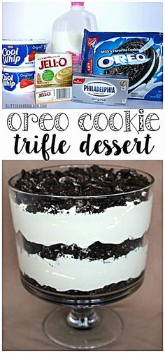 an oreo cookie trifle dessert in a glass dish with milk and cookies on the side