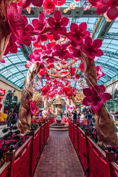 the inside of a flower shop with pink flowers hanging from the ceiling and decorations on the walls