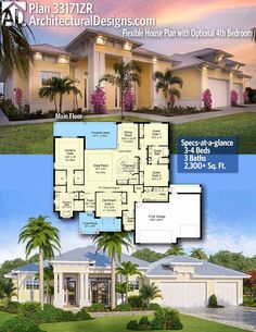 two story house plans with palm trees in the front yard and an open floor plan