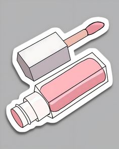 a pink and white sticker with a lipstick tube on it's side, next to a bottle of lip glosses