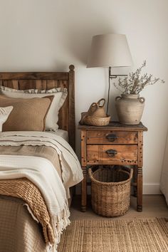 a bed room with a neatly made bed and a basket on the nightstand next to it