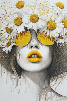 a drawing of a woman with sunflowers on her head and yellow lipstick in front of her eyes