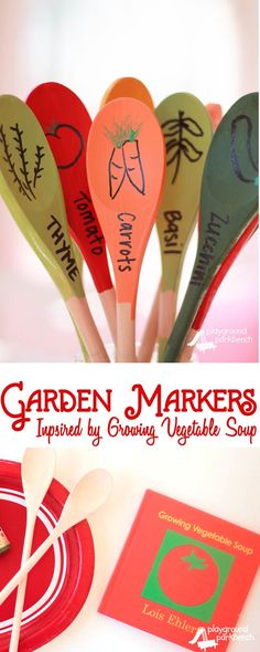 garden markers inspired by growing vegetable soup are displayed in front of a red plate and fork