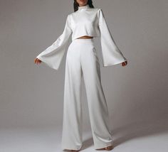 Kukombo White Satin Women Pants Set Autumn Flare Sleeve Backless Blous Simple Streetwear, Style Wide Leg Pants, Chic Outerwear, Casual Chique, Backless Blouse, Flare Long Sleeve, Wide Trousers, Two Piece Pants Set, Silk Suit