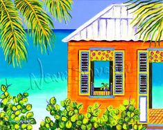 a painting of a house on the beach with palm trees and water in the background