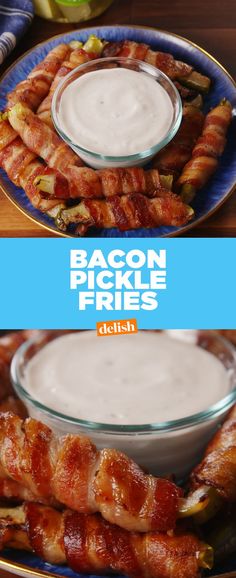 bacon pickle fries with ranch dip in a bowl and on a plate next to them