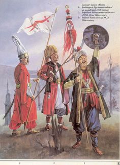 three men dressed in medieval clothing holding flags