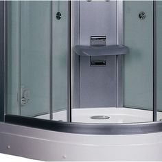 a corner shower with glass walls and no door