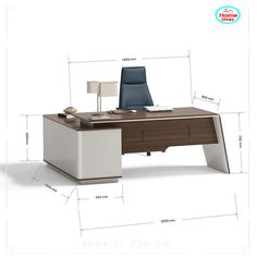 an office desk is shown with measurements for the top and bottom drawers, along with a lamp