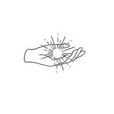 a drawing of a hand holding something in it's palm with the sun coming out