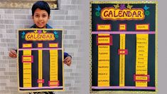 a young boy holding up a calendar poster