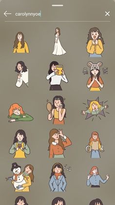 the sticker sheet shows people in different outfits and colors, with one person holding a phone