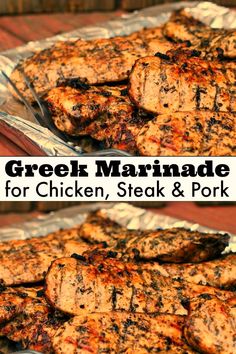 grilled marinade chicken, steak and pork on tin foil with text overlay