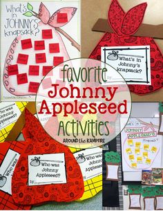 several apple themed activities are shown with the words favorite johnny appleseed activities on them