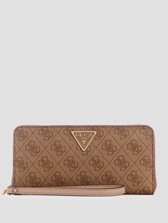 Faux-leather large wallet Allover Quattro G print Front signature emblem Exterior zip pocket Interior zip pocket Twelve card slots Wristlet strap 8"W x 4"H x 1"D Guess Wallet, Brown Wallet, Jeans Logo, Large Wallet, Clutch Wallet, Clutch Handbag, 4 H, Continental Wallet, Style Icons