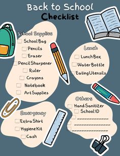 the back to school checklist is shown in this graphic style, with various items on it