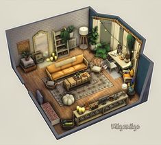 an overhead view of a living room with furniture