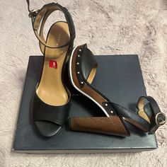 Never Worn Size 9 They Are 5 Inch Heels Only Thing Is The Buckle Of The Heels The Leather Part Is Peeling But Nothing Major Black Synthetic Sandals By Tommy Hilfiger, Tommy Hilfiger Black Open Toe Sandals, Tommy Hilfiger Leather Sandals With Round Toe, Tommy Hilfiger Leather Heels With Round Toe, Tommy Hilfiger Heels, Hilfiger Shoes, Tommy Hilfiger Shoes, 5 Inch Heels, Shoes Black