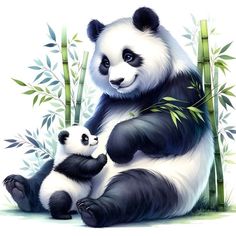 a panda bear sitting on the ground next to bamboo trees with its baby in it's arms