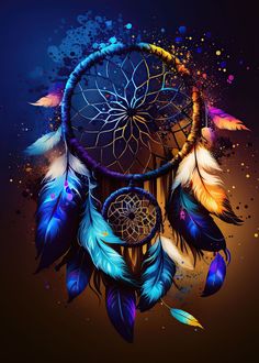 a painting of a dream catcher with feathers