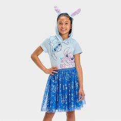 Your child will be ready for fun events or occasions in this Disney Lilo & Stitch Hooded Cosplay Dress. This pullover dress features a short-sleeve hooded bodice in light blue with Stitch and Angel's illustrations, fabric ear accents on the hood and a flouncy knee-length mesh skirt adorned with an allover Stitch and Angel graphics in shiny silver. Made with lightweight fabric, the short-sleeve cosplay dress offers all-day comfort and allows easy wear with its pullover style. Angel Outfit, Stitch And Angel, Lilo Stitch, Disney Lilo, Mesh Skirt, Cosplay Dress, Fun Events, Kids Outfits Girls, Disney Girls