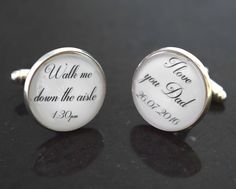 Custom wedding time and date cufflinks for father of the bride. These cufflinks make a beautiful unique personalised gift.  Simply tell me the time and date of your wedding in the message box at checkout and have me create a wonderful pair of unique cufflinks for you. They are 20mm total diameter with an 18mm glass dome.  Available in silver plate, gold plate and antique bronze finish. Each set of cufflinks is meticulously handmade and presented in a lovely presentation box making them a beautiful and thoughtful gift. I use high quality printing equipment and paper to provide the highest quality image. SHIPPING INFORMATION Standard UK postage will take 2-3 days from time of dispatch. For faster shipping you can upgrade to guaranteed next day delivery at checkout. International shipping tim White Cufflinks For Father's Day Gift, Father's Day White Cufflinks Gift, Unique Cufflinks, Wedding Cufflinks, Date And Time, Box Making, Cufflinks Wedding, Unique Personalized Gift, Tie Tack