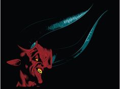 a red demon with horns and fangs on his face is shown in the dark background