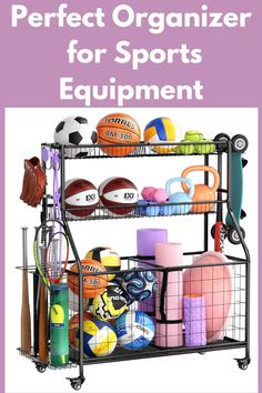 a rack filled with sports equipment on top of a white background text reads perfect organizer for sports equipment