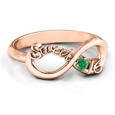 10K Rose Gold Sweet 16 with Birthstone Infinity Ring and Emerald Stone | Jewlr 16 Rings Sweet, Sweet 16 Rings 16th Birthday, Custom Name Infinity Jewelry For Birthday, Sweet 16 Light Up Numbers, Sweet 16 Number Lights, Sweet16 Ideas, Tropical Sweet 16, Silver Sweet 16, 16 Rings