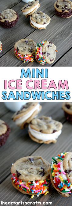 mini ice cream sandwiches with sprinkles and chocolate chip cookies