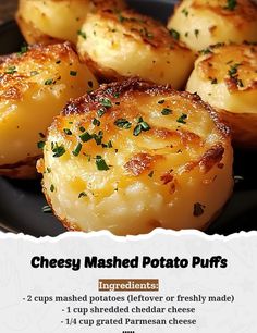 the recipe for cheesy mashed potato puffs is shown on a black plate