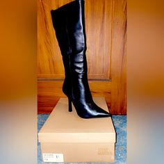 Brand New! Never Worn Steve Madden Boots Tall Boots With Reinforced Heel And Almond Toe, Tall Leather Heeled Boots For Night Out, Tall Almond Toe Boots With Reinforced Heel, Chic Black Snip Toe Mid-calf Boots, Black Pointed Toe Mid-calf Boots, Pointed Toe High Boots For Night Out, Chic Black Mid-calf Boots With Snip Toe, Leather Wide Calf Mid-calf Boots For Night Out, Fitted Knee-high Boots With Leather Sole And Pointed Toe