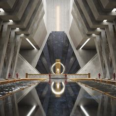 a futuristic looking building with mirrors and lights on the ceiling, reflecting off water in the floor