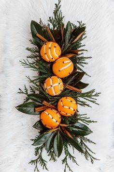 oranges with white stripes are arranged in a row on a fur surface, surrounded by greenery