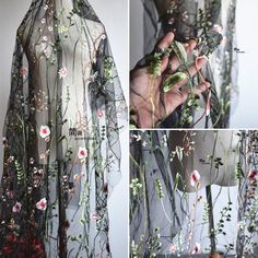 three pictures of different types of flowers and plants on sheer fabric, with hands holding them